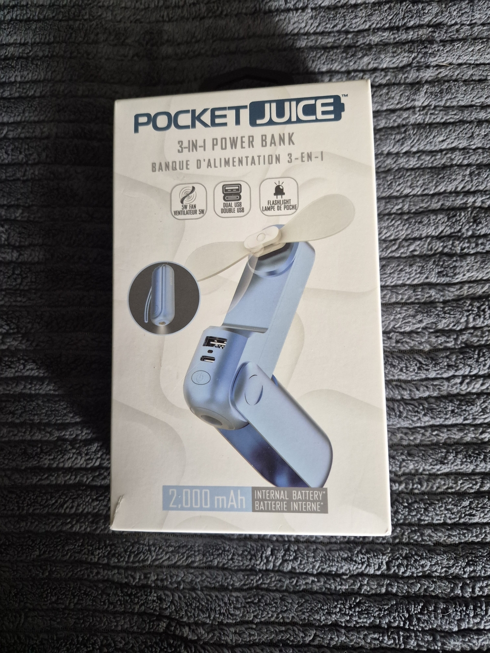 3-in-1 Blue Power Bank with Fan and Light